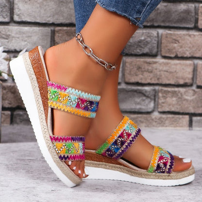 Sandalias étnicas con tira ancha de lino para mujer