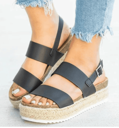 Open-toe flat hemp mid-heel rubber buckle sandals - Trendha