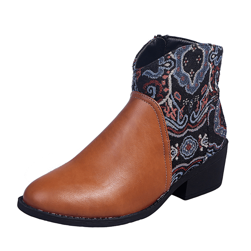 LOSTISY Retro Flower Cloth Stitching Comfy Wearable Side Zipper Block Heel Ankle Boots - MRSLM