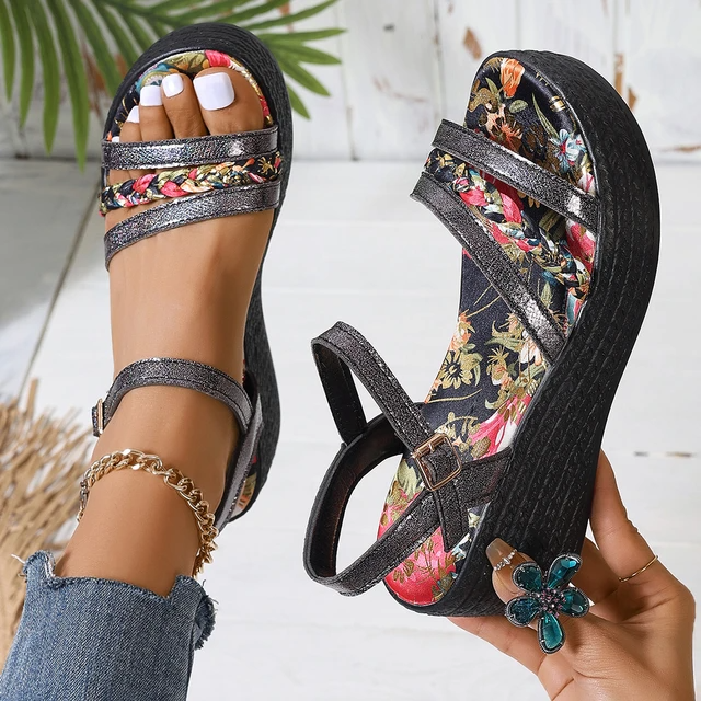 Sandalias de tacón con cuña de mujer con estampado de flores