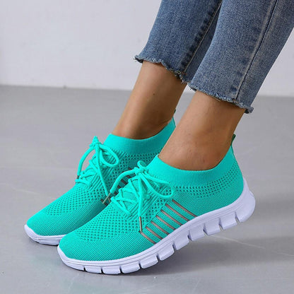 Zapatillas de deporte de punto para mujer, color liso respirar en Low Top Walking Trainers