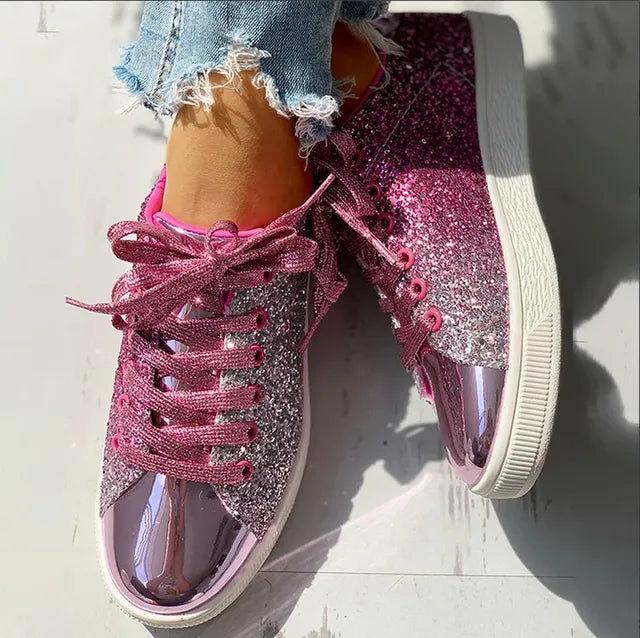 Zapatillas de deporte transpirables con cordones y brillantes para mujer