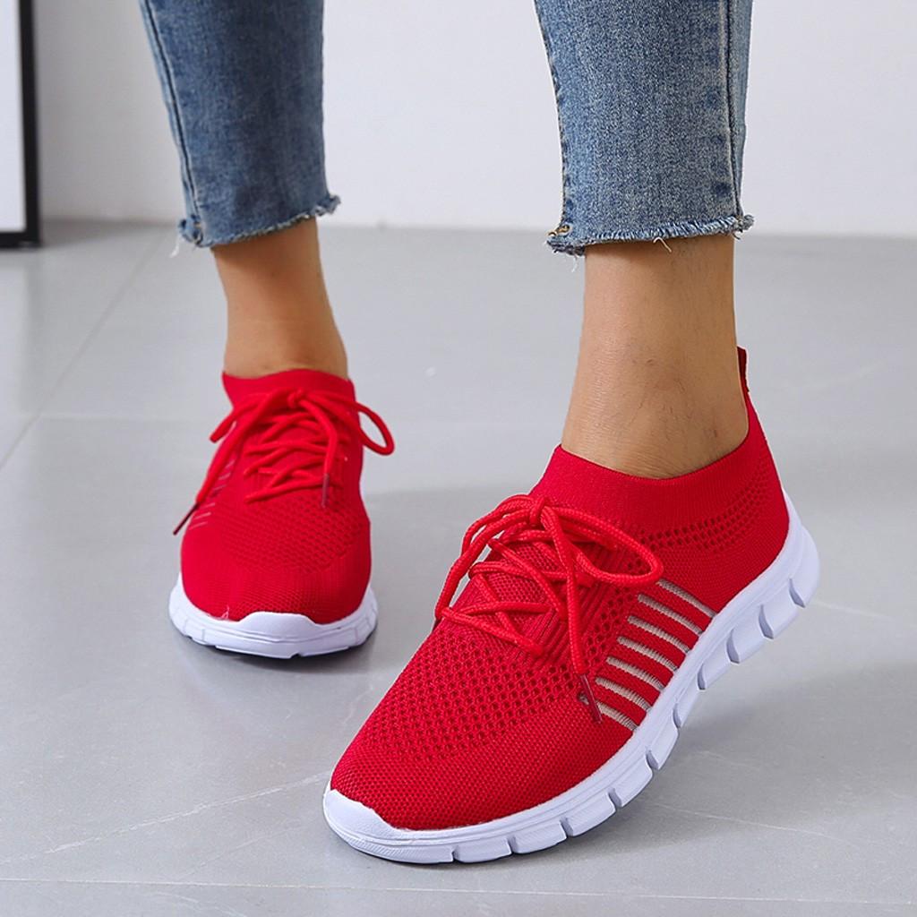 Zapatillas de deporte de punto para mujer, color liso respirar en Low Top Walking Trainers