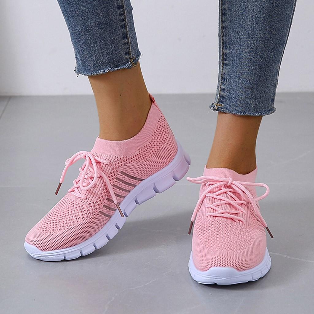 Zapatillas de deporte de punto para mujer, color liso respirar en Low Top Walking Trainers