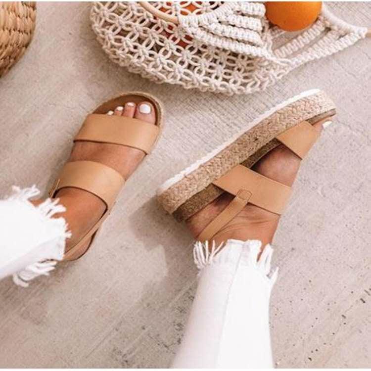 Open-toe flat hemp mid-heel rubber buckle sandals - Trendha