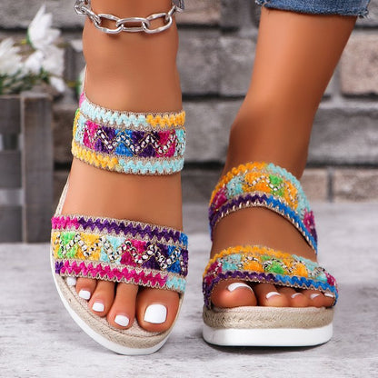 Sandalias étnicas con tira ancha de lino para mujer