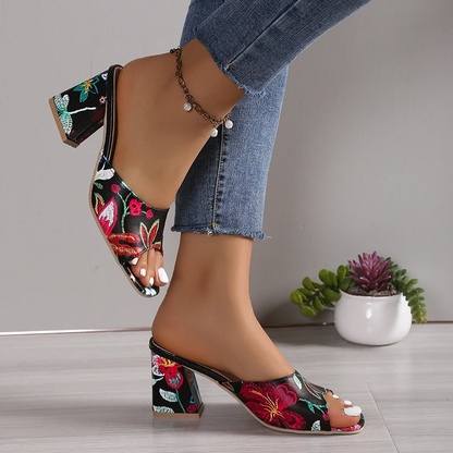 Sandalias de estilo floral zapatos de tacón grueso