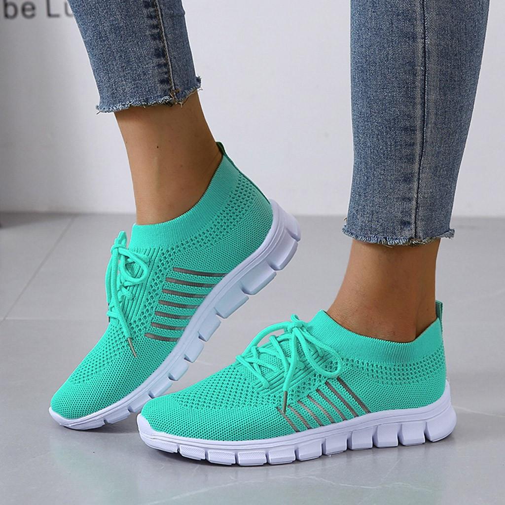 Zapatillas de deporte de punto para mujer, color liso respirar en Low Top Walking Trainers