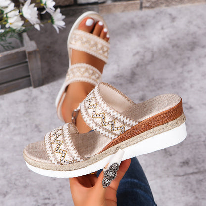 Sandalias étnicas con tira ancha de lino para mujer