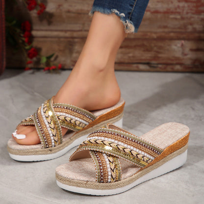 Sandalias de cuña de verano con tiras cruzadas de estilo étnico