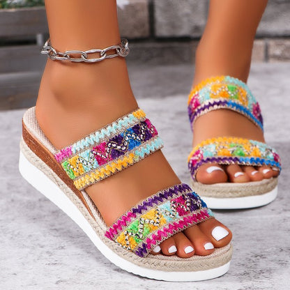 Sandalias étnicas con tira ancha de lino para mujer