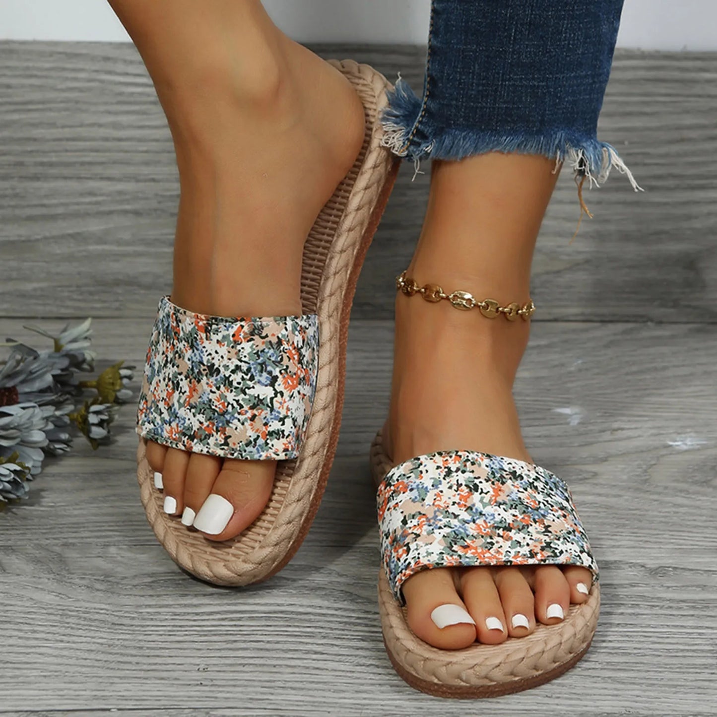 Sandalias de tela de flores para mujer