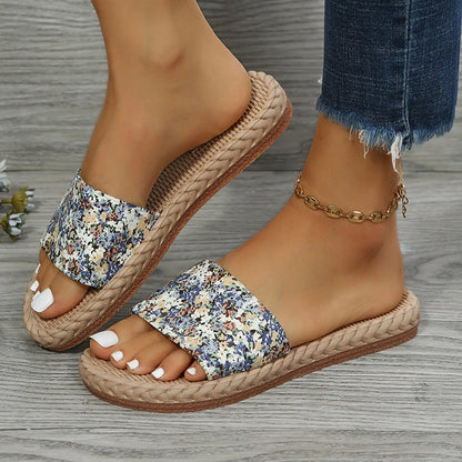 Sandalias de tela de flores para mujer