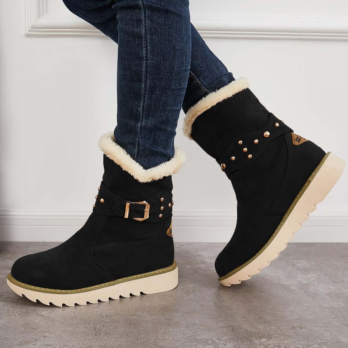 Non Slip Snow Ankle Boots Warm Fur Lined Slip on Booties Oshnow