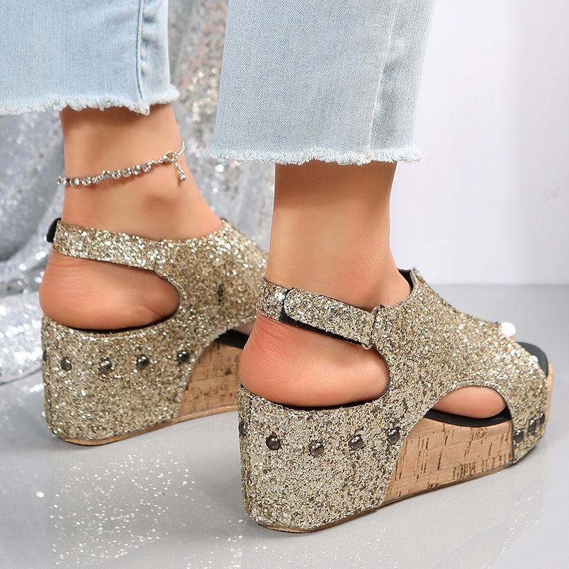 Sandalias de cuña Glitter Slingback para mujer