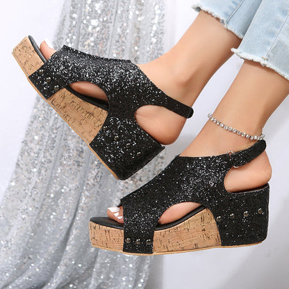 Sandalias de cuña Glitter Slingback para mujer