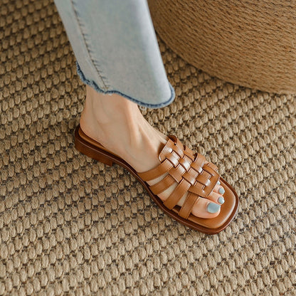 Sandalias de verano para mujer con puntera cuadrada y fondo plano tejido