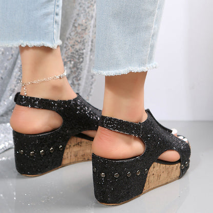 Sandalias de cuña Glitter Slingback para mujer