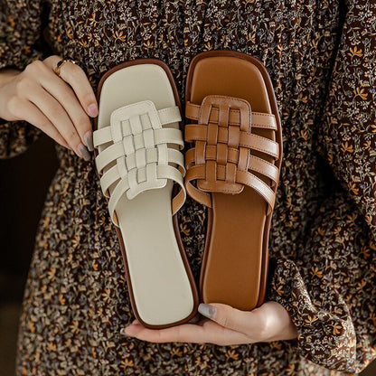 Sandalias de verano para mujer con puntera cuadrada y fondo plano tejido