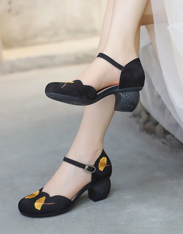 Summer Retro Embroidery Ankle Strap Chunky Heels June Shoes Collection 2021 86.60