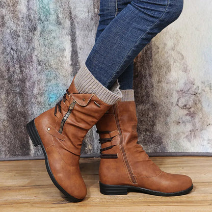 Women's Mid-Calf Autumn Winter Round Toe Zip Boots GOMINGLO