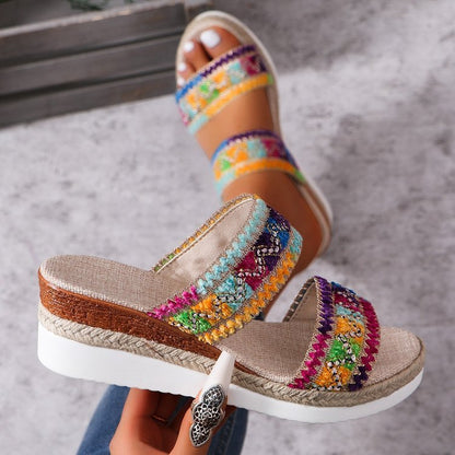 Sandalias étnicas con tira ancha de lino para mujer