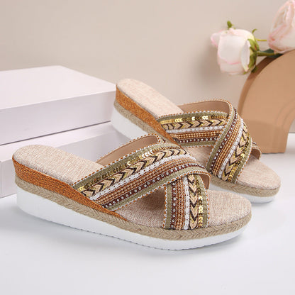 Sandalias de cuña de verano con tiras cruzadas de estilo étnico