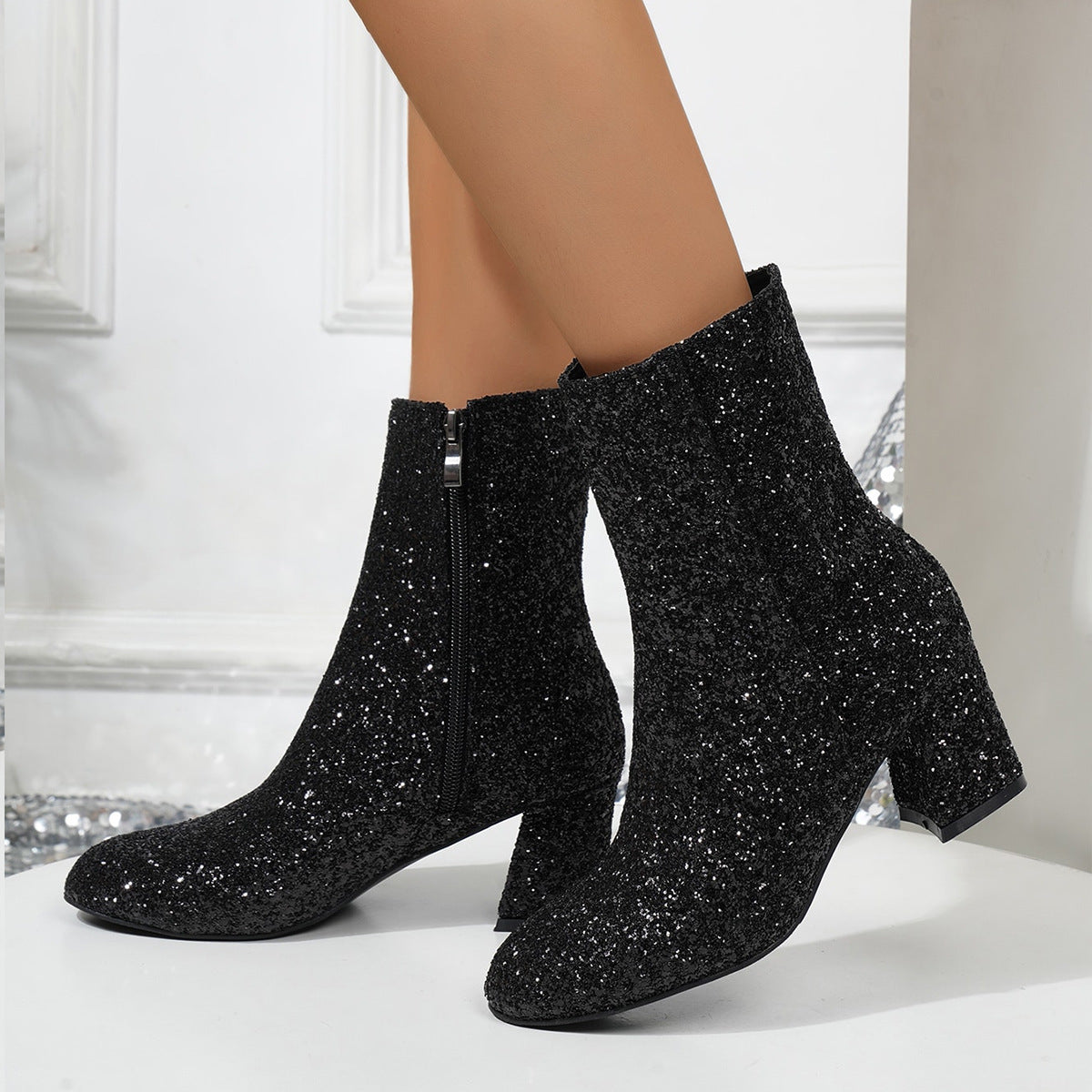 Botas de mujer Glitter Sparkly High Heel Paillettes Chunky