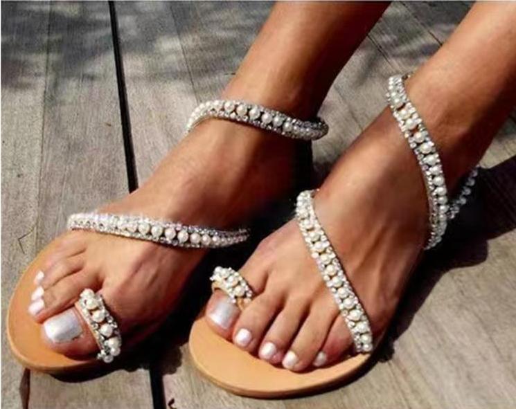 Sandalias de playa bohemias de strass