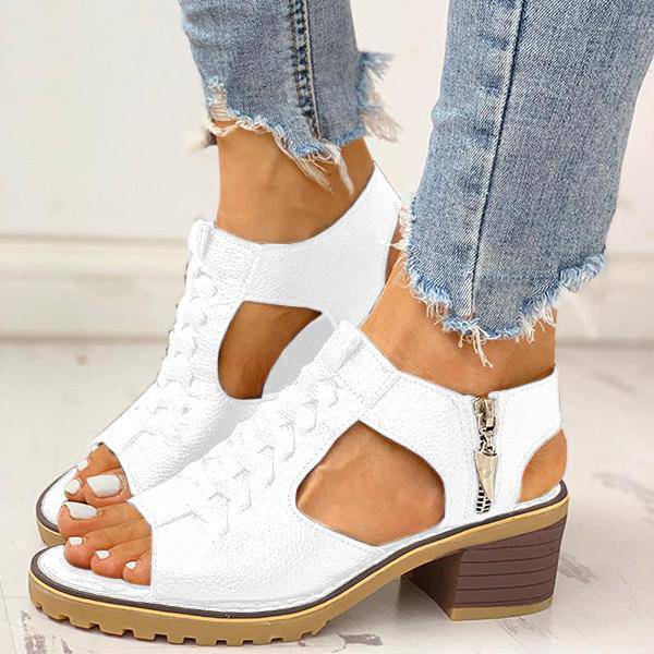 Libiyi Peep Toe Cutout Zipper Chunky Heeled Sandals - Libiyi