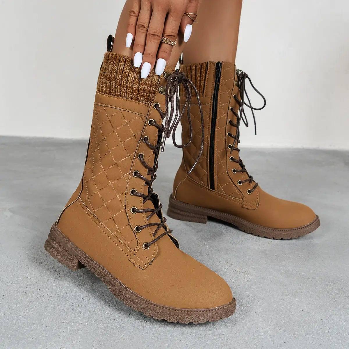 Lace Up Boots Winter Cowboy Boots Women Block Heel Round Toe-8