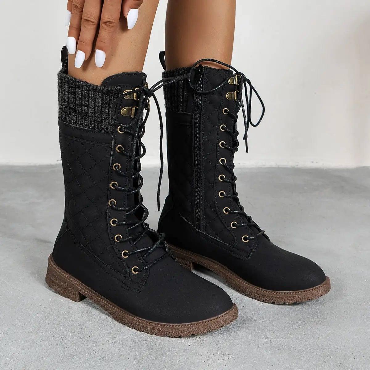 Lace Up Boots Winter Cowboy Boots Women Block Heel Round Toe-7