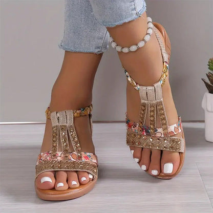 Bohemio Mujeres Tacones De Cuña Sandalias De Cristal De Cristal De La Correa